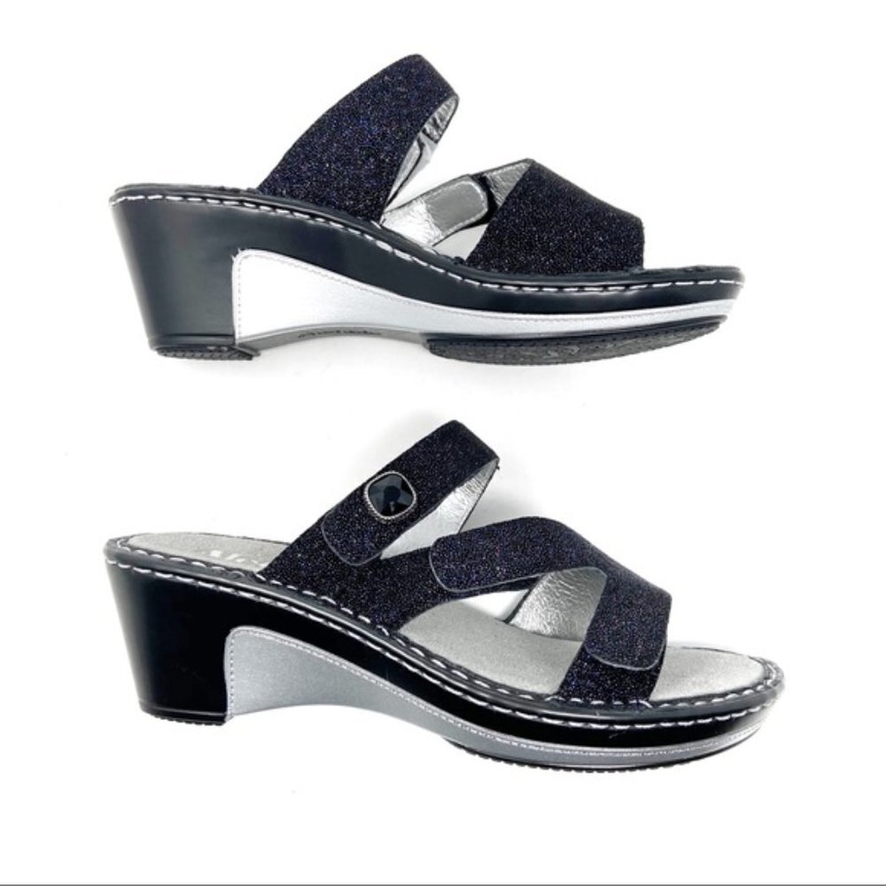 ALEGRIA Glitteroti Nlack / Silver Leather Wedge Sandals 37 — SUPER COMFY!!! - Picture 4 of 10